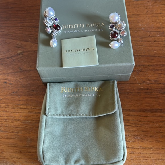Judith Ripka marked silver genuine pearl, cz & gemstone pierced drop earrings - Picture 4 of 8